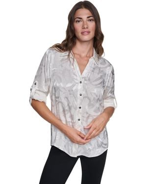 DKNY Roll-tab Jacquard Blouse - Gray