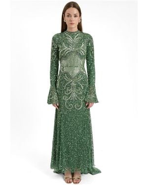 MARYISA Modest Embellished Sequins Trail Maxi Dress - Green