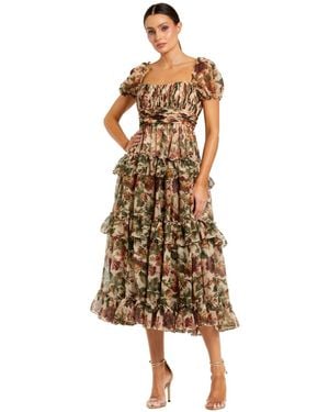 Mac Duggal Chiffon Puff Sleeve A Line Midi Dress With Ruffles - Natural