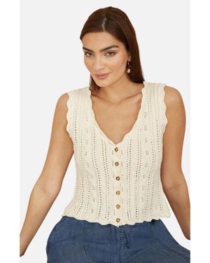 Yumi' V Neck Button Down Crochet Knitted Top - Natural