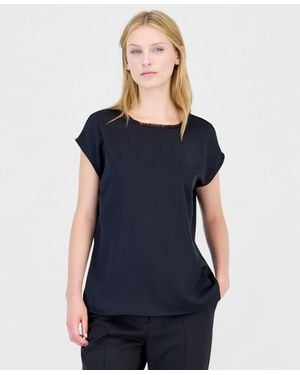 Tahari Sleeveless Fringe Boat Neck Satin Blouse - Blue