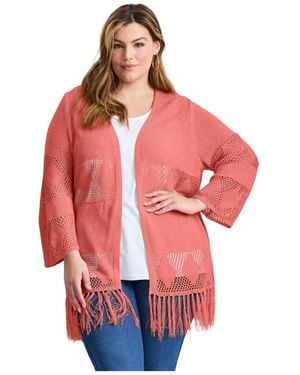 Avenue Plus Size Pointelle Fringe Cardigan - Red