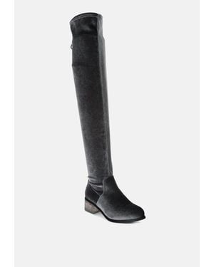LONDON RAG Rumple Velvet Over The Knee Clear Heel Boots - Black
