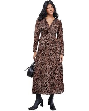 Warehouse Plunge Neck Waisted Midi Dress - Brown