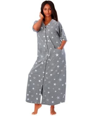 Dreams & Co. Long French Terry Zip-front Robe - Gray