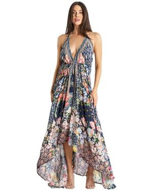 La Moda Clothing Maxi Tropical Print Halterneck Dress - Blue