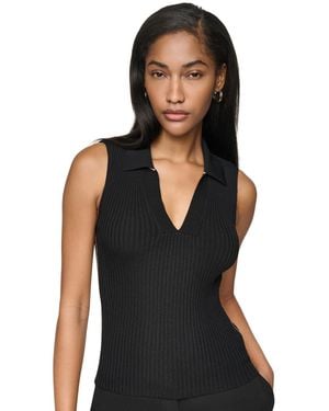 DKNY Collared V-neck Sleeveless Sweater - Black