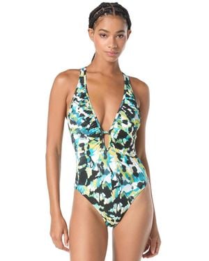 Vince Camuto Printed Shirred Plunge One-piece Swimsuit - Blue