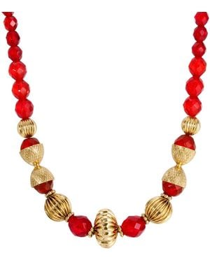 2028 14k Gold Dipped Glass Gold Bead Necklace - Red