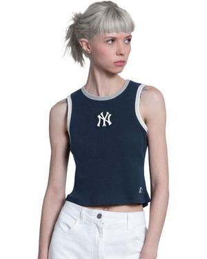 Starter Navy New York Yankees Cooperstown Play The Ball Cropped Tank Top - Blue