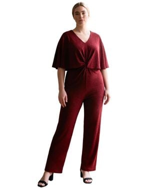 Avenue Plus Size Twist Cape Metallic Jumpsuit - Red