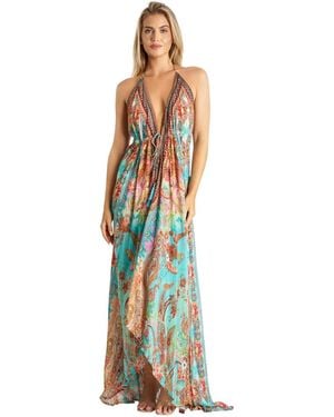 La Moda Clothing Maxi Boho Art Halterneck Dress - Blue