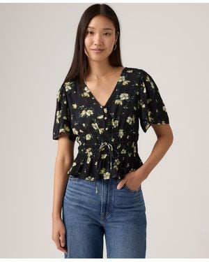 Levi's V-neck Floral-print Short-sleeve Blouse - Black
