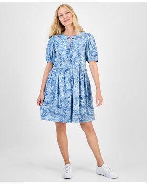 Nautica Palm-print Bow-trim Dress - Blue