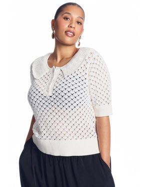 June + Vie Plus Size Lace-trim Pointelle Sweater Top - White