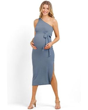 Hello Miss Maternity Ribbed One Shoulder Bodycon Midi Dress - Blue