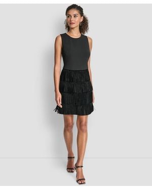 DKNY Sleeveless Tiered Studded Fringe Shift Dress - Black