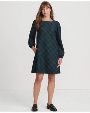 Lands' End Brushed Flannel Scoop Neck Long Sleeve Above Knee Dress - Blue