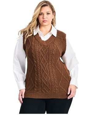 Avenue Plus Size Veronica 2fer Cable Vest - Brown