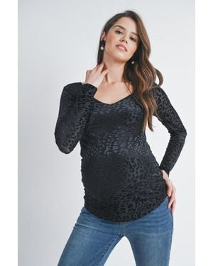 Hello Miss Leopard Print Velvet Long Sleeve Maternity Top - Blue