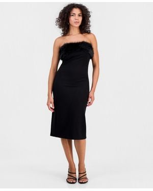 BarIII Faux Fur Trim Strapless Cocktail Dress - Black