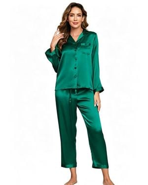 SILKSILKY Long Sleeve Button-up Satin Pajama Set - Green