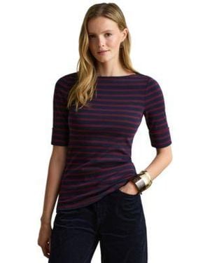 Ralph Lauren Striped Stretch Cotton Boat Neck Top - Blue