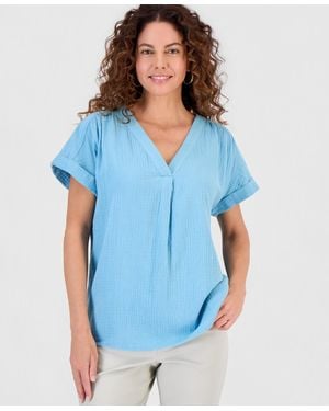 Style & Co. Cotton Gauze V-neck Short-sleeve Top - Blue