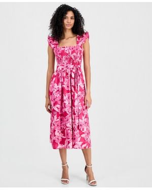 Anne Klein Smocked Ruffle-sleeve Midi Dress - Pink
