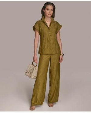Donna Karan Crinkled Cap Sleeve Shirt Wide Leg Pants - Green