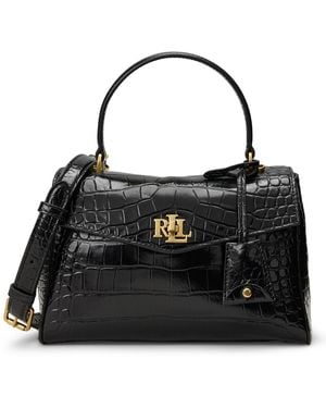 Ralph Lauren Farrah Embossed Small Soft Satchel Handbag - Black