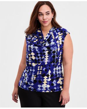 Kasper Plus Size Printed Sleeveless Cowl-neck Top - Blue