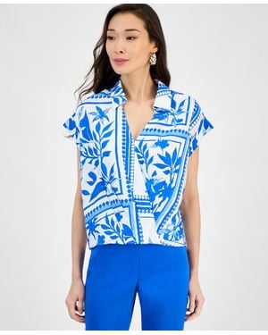 INC International Concepts Printed Short-sleeve Surplice Blouse - Blue