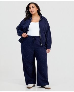 Planet Gold Trendy Plus Size Dot-print Wide-leg Fleece Pants - Blue