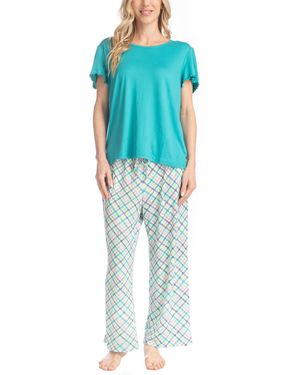 Muk Luks Artistic Garden Round Neck Top And Ankle Pants - Blue