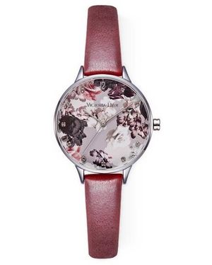 Victoria Hyde London Water-resistant Crystals Green Park Flower Leather Watch - Black