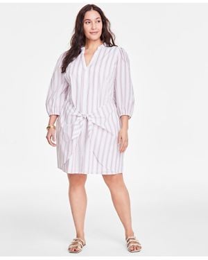 On 34th Trendy Plus Cotton Striped Tie-waist Shirtdress - White