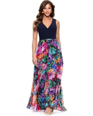 Xscape Petite Mixed-media V-neck Sleeveless Gown - Blue