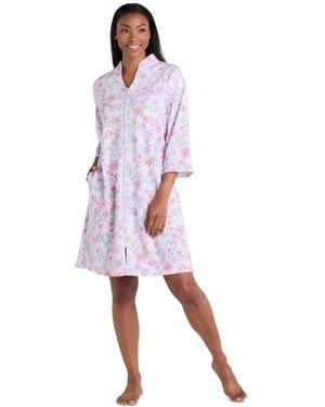 Miss Elaine 3/4-sleeve Printed Short Zip Robe - Pink
