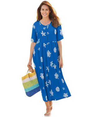 Woman Within Within Stamped Empire Waist Dress - Blue