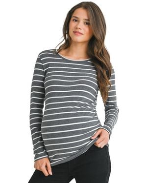 Hello Miss Maternity Ribbed Striped Long-sleeve Scoop-neck T-shirt - Gray