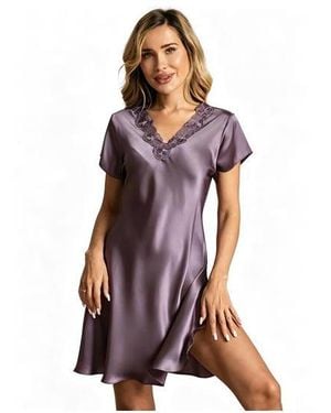 SILKSILKY Short-sleeve Lace-trim V-neck Nightgown - Black