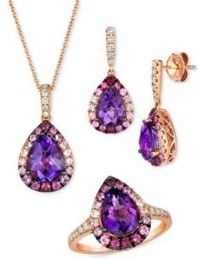 Le Vian Multi Gemstone Diamond Pear Halo Pendant Earrings Ring 14k Rose Gold - Purple