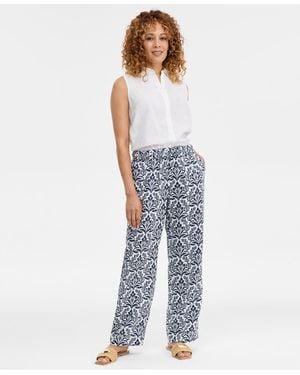 Charter Club 100% Linen Tile Pull-on Wide-leg Pants - Blue