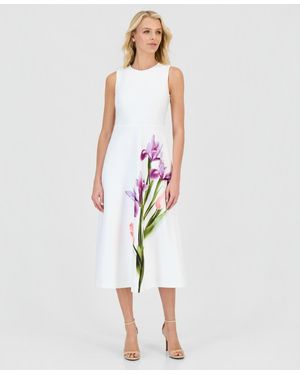 Anne Klein Petite Crew Neck Printed Midi Dress - White