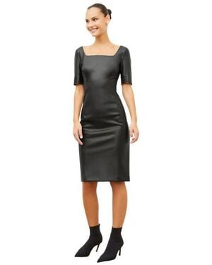 M.M.LaFleur Elbow Sleeves And Square Neckline Faux Leather Sheath Dress - Black
