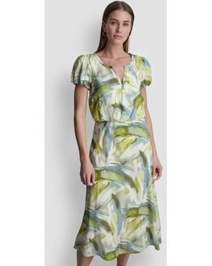 DKNY Printed V-neck Midi Dress - Green