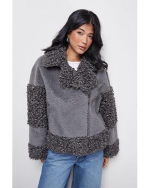 Warehouse Faux Fur Mix Zip Through Jacket - Gray