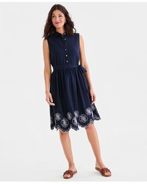 Style & Co. Sleeveless Embroidered-hem Shirt-dress - Blue