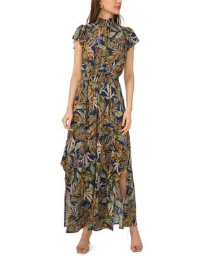Msk Leaf Print Smocked Mock Neck Jumpsuit - Green